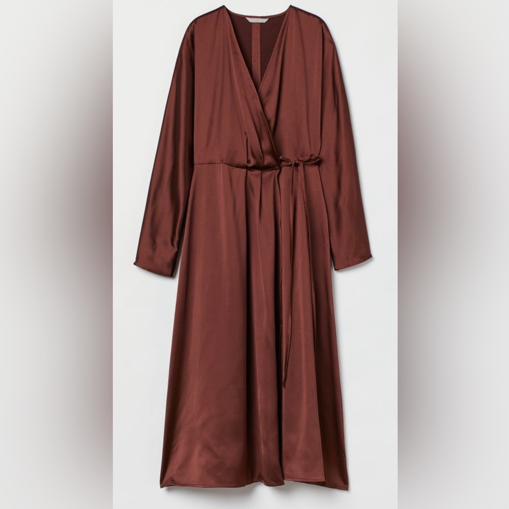 Brown Long Satin Wrap-front Dress